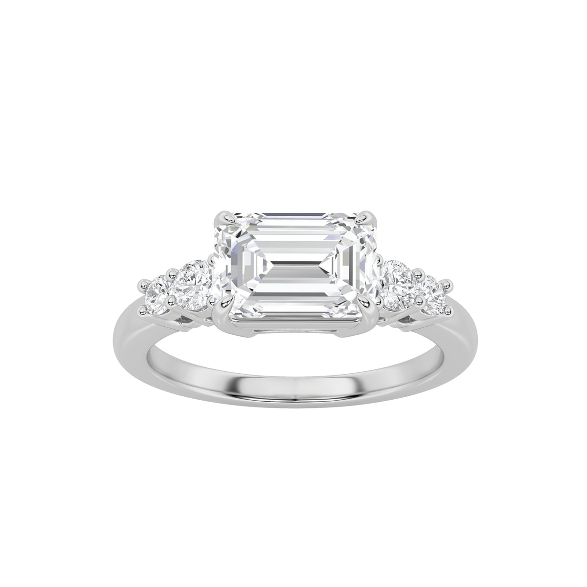1.5Cttw Emerald Shaped Lab Grown Diamond (F/VS) East West Accented Three Stone Ring in 14K Gold