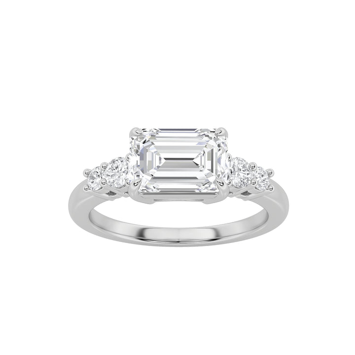 1.5Cttw Emerald Shaped Lab Grown Diamond (F/VS) East West Accented Three Stone Ring in 14K Gold