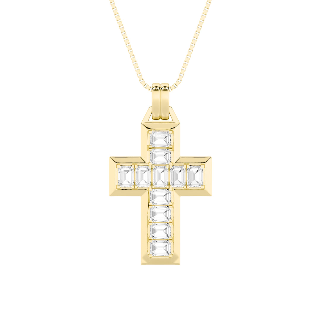 3Cttw Emerald Shaped Lab Grown Diamond (F/VS) Cross Pendant in 14K Gold