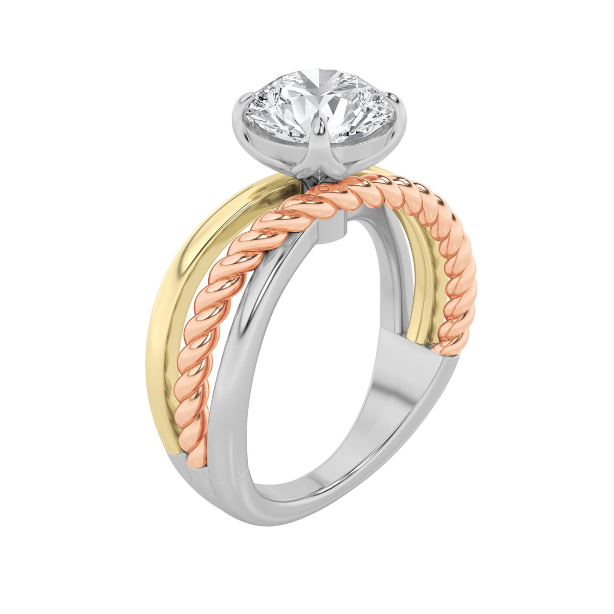2Cttw Round Shaped Lab Grown Diamond (F/VS) Tri Color Solitaire Engagement Ring in 14K Gold