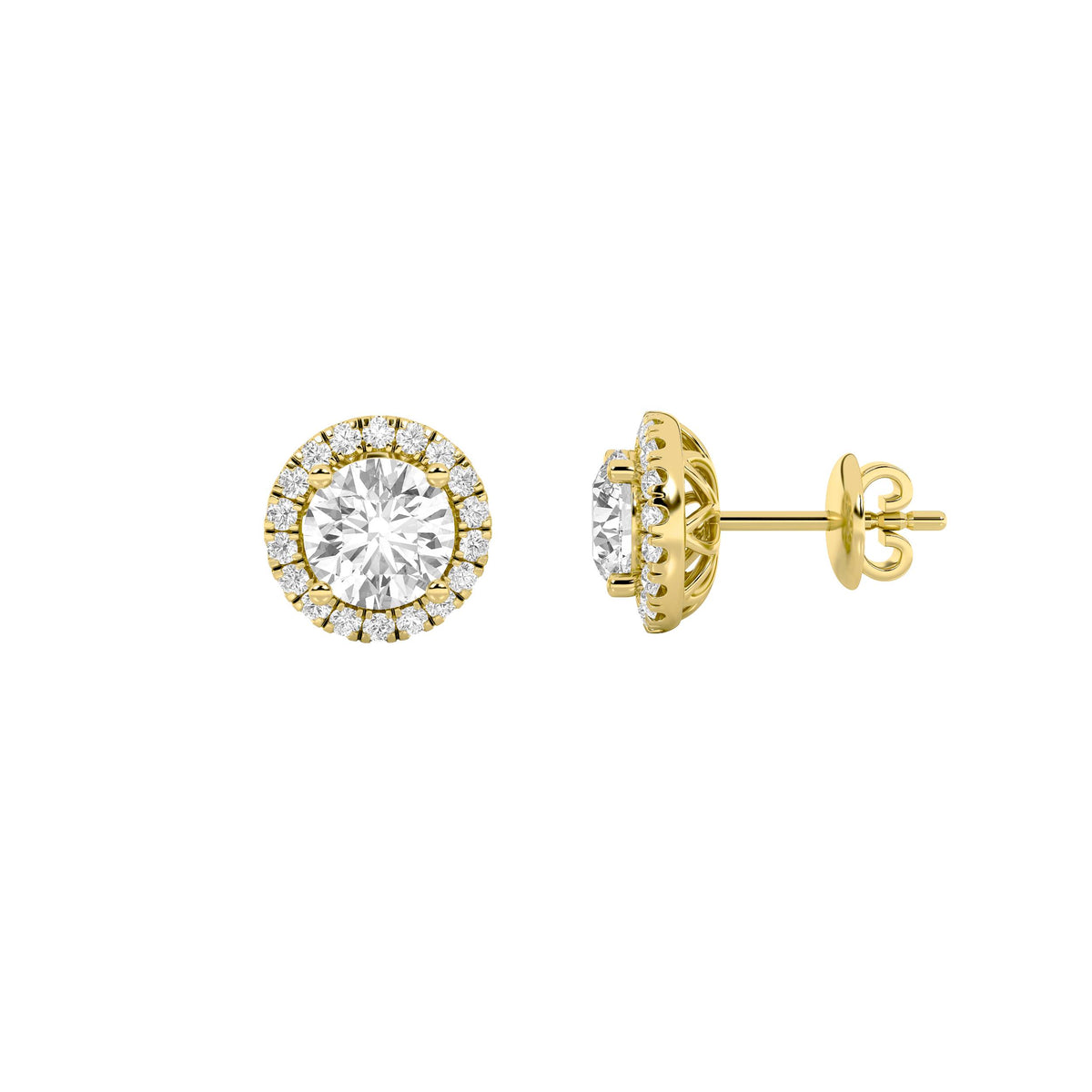 3Cttw Round Shaped Lab Grown Diamond (F/VS) Halo Stud Earrings in 14K Gold
