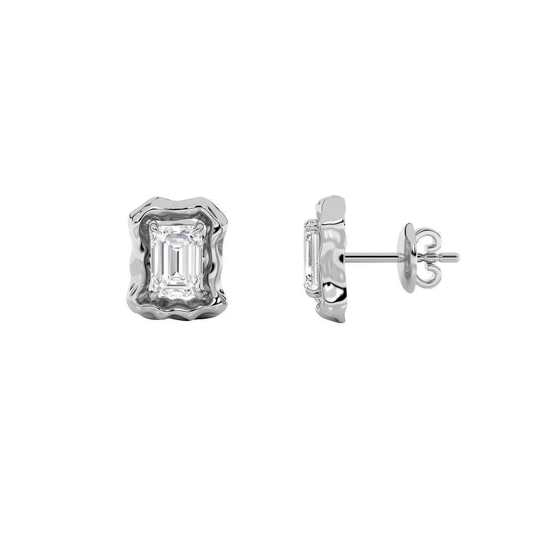 1.5Cttw Emerald Shaped Lab Grown Diamond (F/VS) Organic Design Stud Earrings in 14K Gold