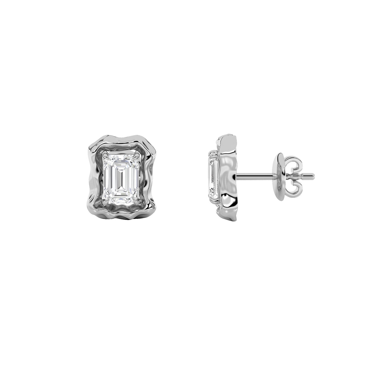 1.5Cttw Emerald Shaped Lab Grown Diamond (F/VS) Organic Design Stud Earrings in 14K Gold