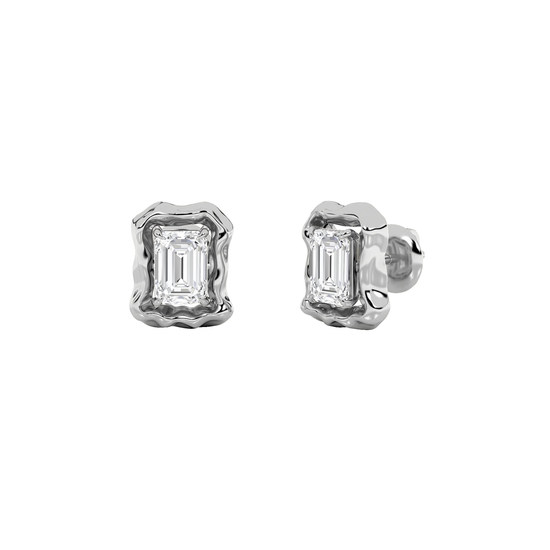 1.5Cttw Emerald Shaped Lab Grown Diamond (F/VS) Organic Design Stud Earrings in 14K Gold