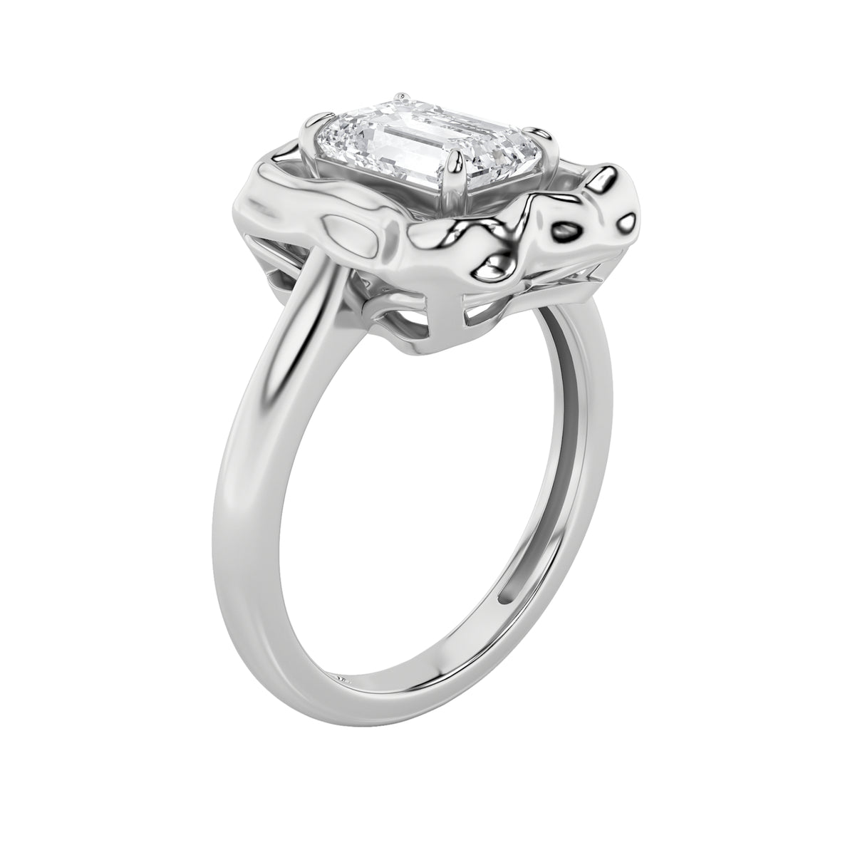 1.5Cttw Emerald Shaped Lab Grown Diamond (F/VS) Organic Design Solitaire Ring in 14K Gold