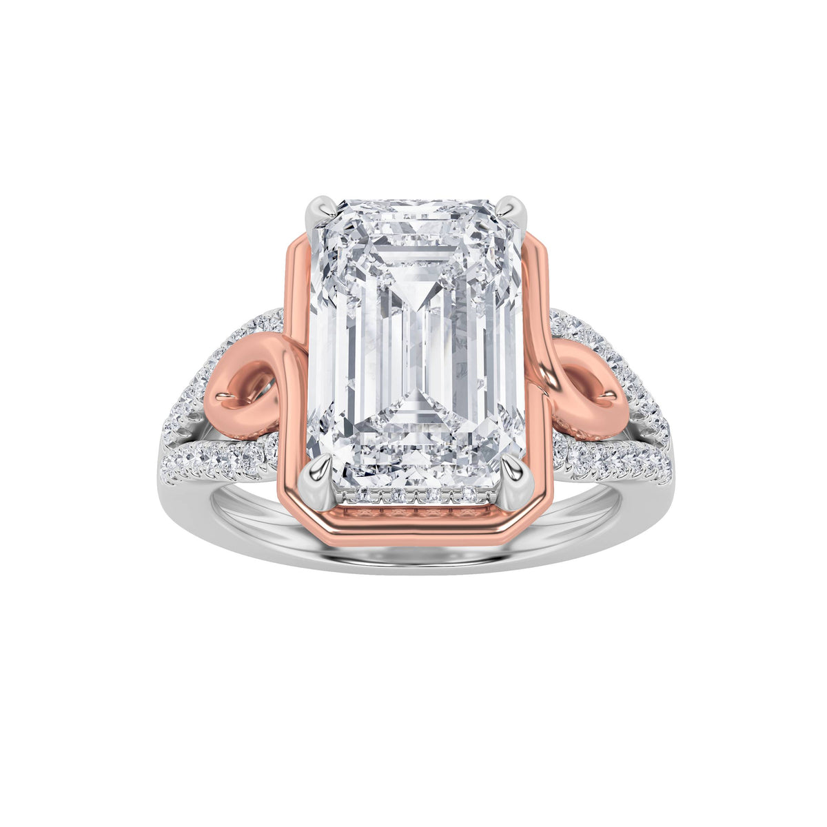 4.25Cttw Emerald Shaped Lab Grown Diamond (F/VS) Bold Accented Two Tone Engagement Ring in 14K Gold
