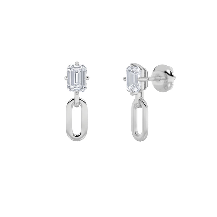 1Cttw Emerald Shaped Lab Grown Diamond (F/VS) Paperclip Dangle Earrings in 14K White Gold
