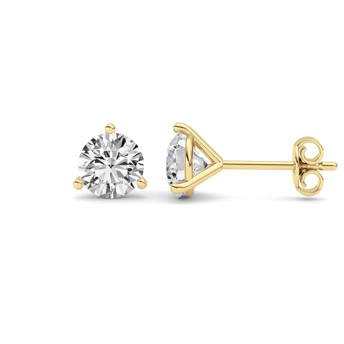 1.5Cttw Round Shaped Lab Grown Diamond (G/VS) Three Prong Martini Stud Earrings in 14K Yellow Gold