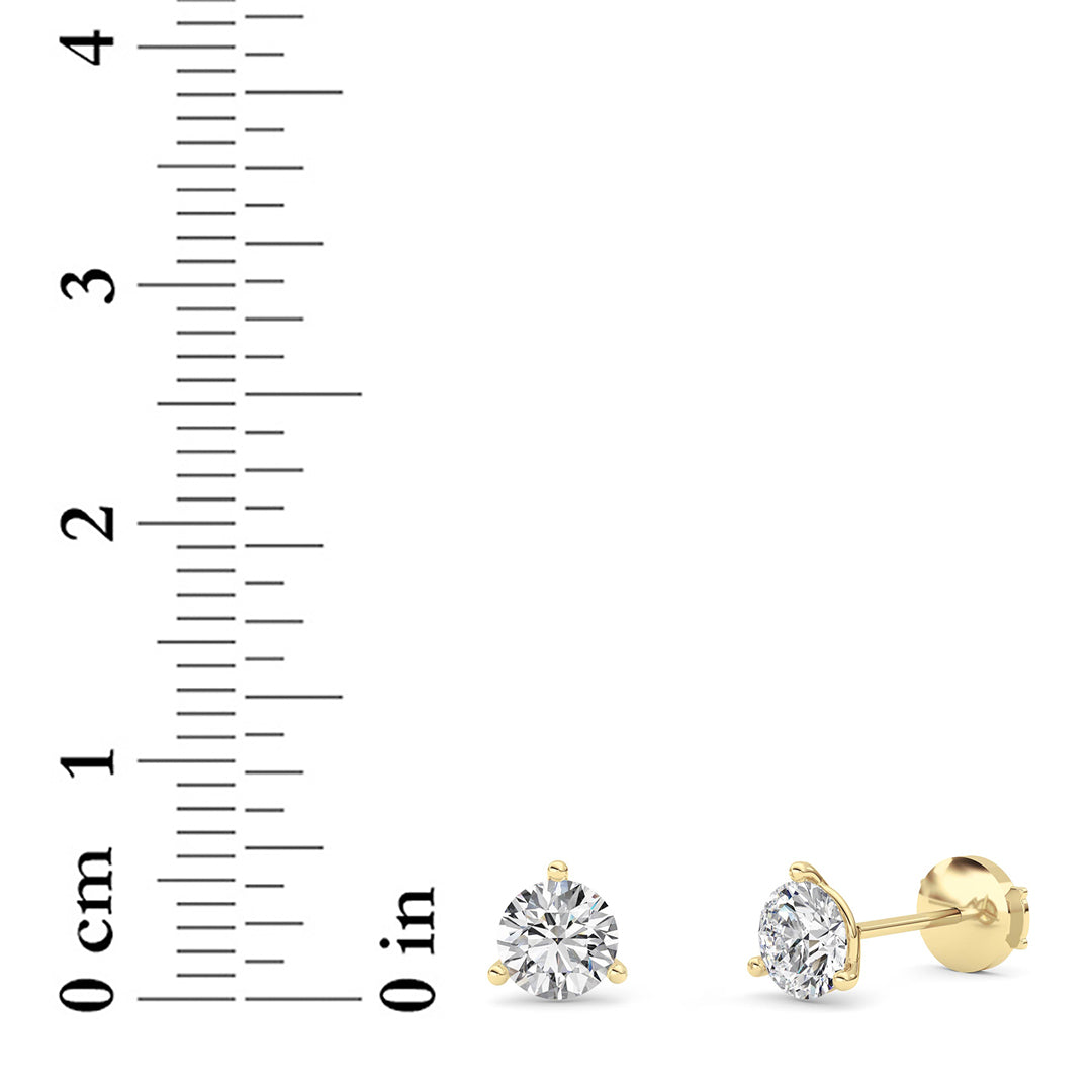 1.5Cttw Round Shaped Lab Grown Diamond (G/VS) Three Prong Martini Stud Earrings in 14K Yellow Gold