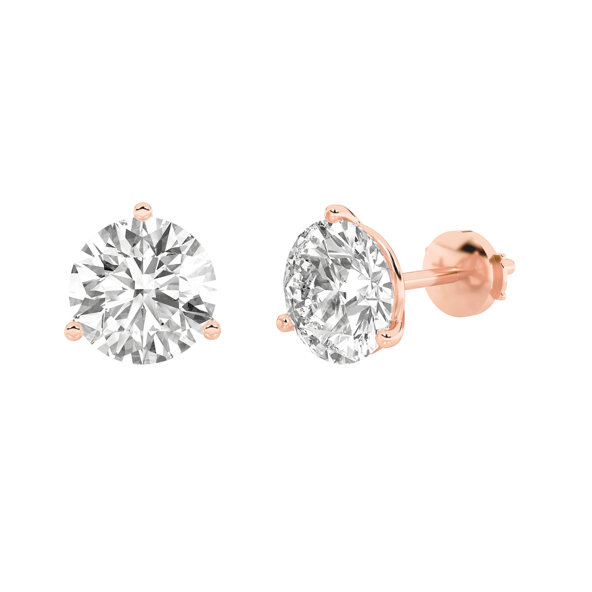 2Cttw Round Shaped Lab Grown Diamond (G/VS) ThreeProng Martini Stud Earrings in 14K Gold