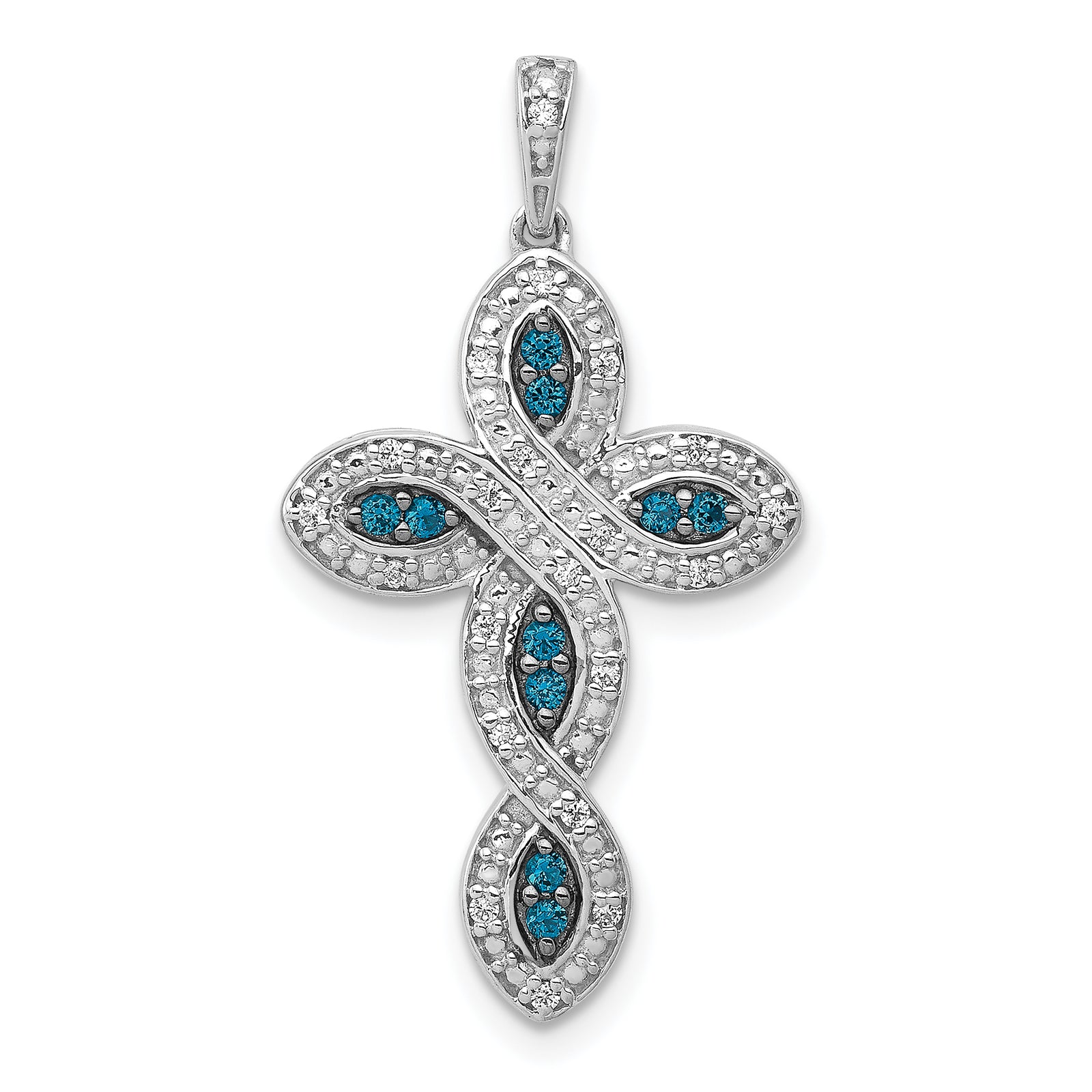 14k White Gold White and Blue Diamond Cross Pendant