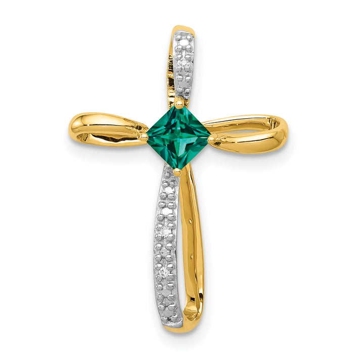 14k w/Rhodium Lab Created Emerald and Diamond Cross Slide