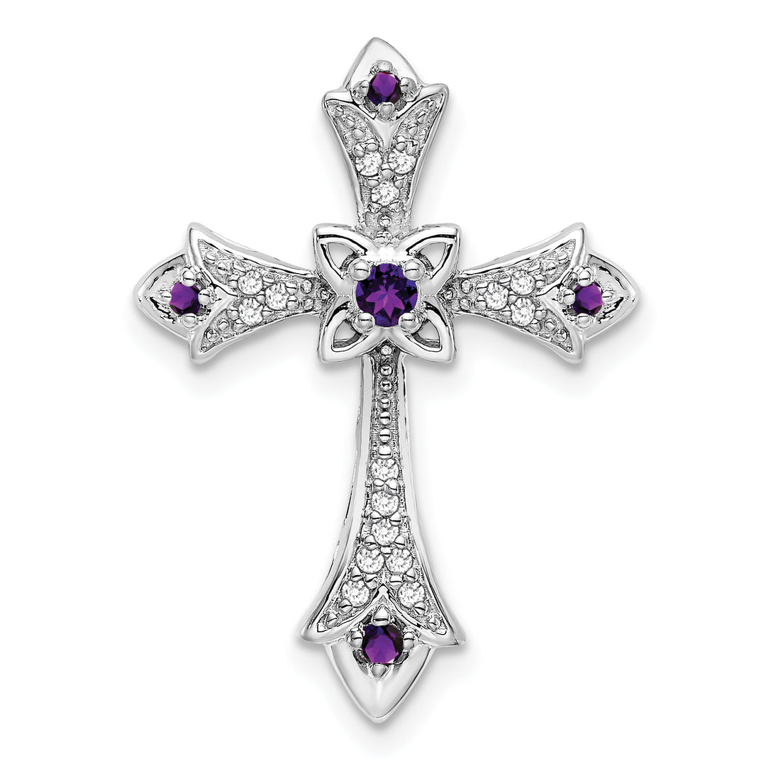 14k White Gold Amethyst and Diamond Fleur de Lis Cross Chain Slide