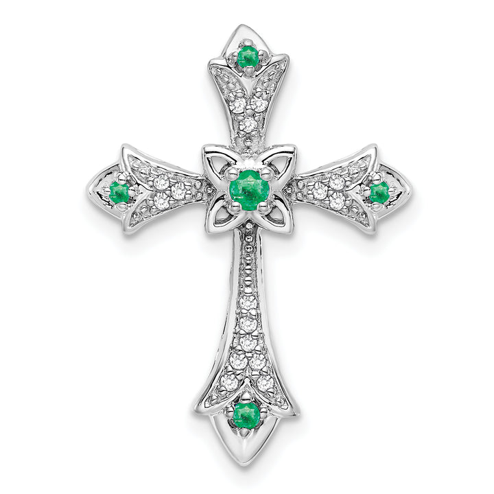 14k White Gold Emerald and Diamond Fleur de Lis Cross Chain Slide