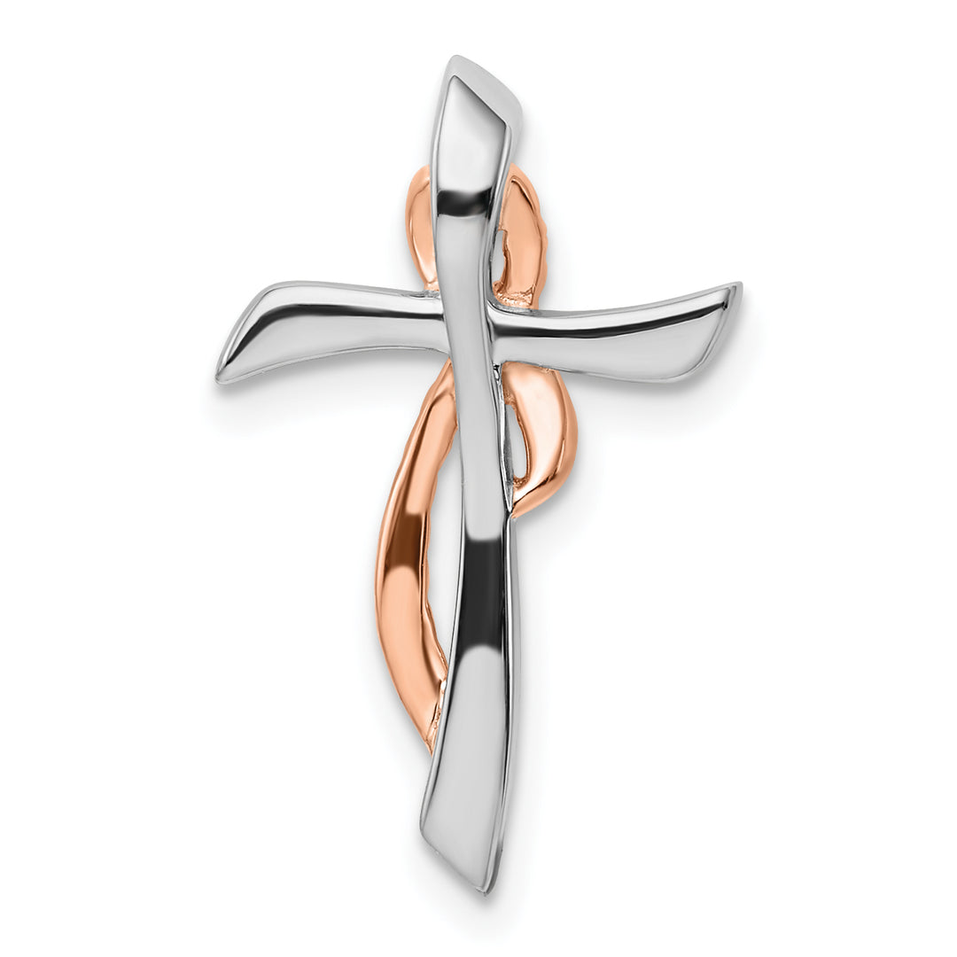 14k Two-tone White & Rose Cross w/Ribbon Diamond Chain Slide