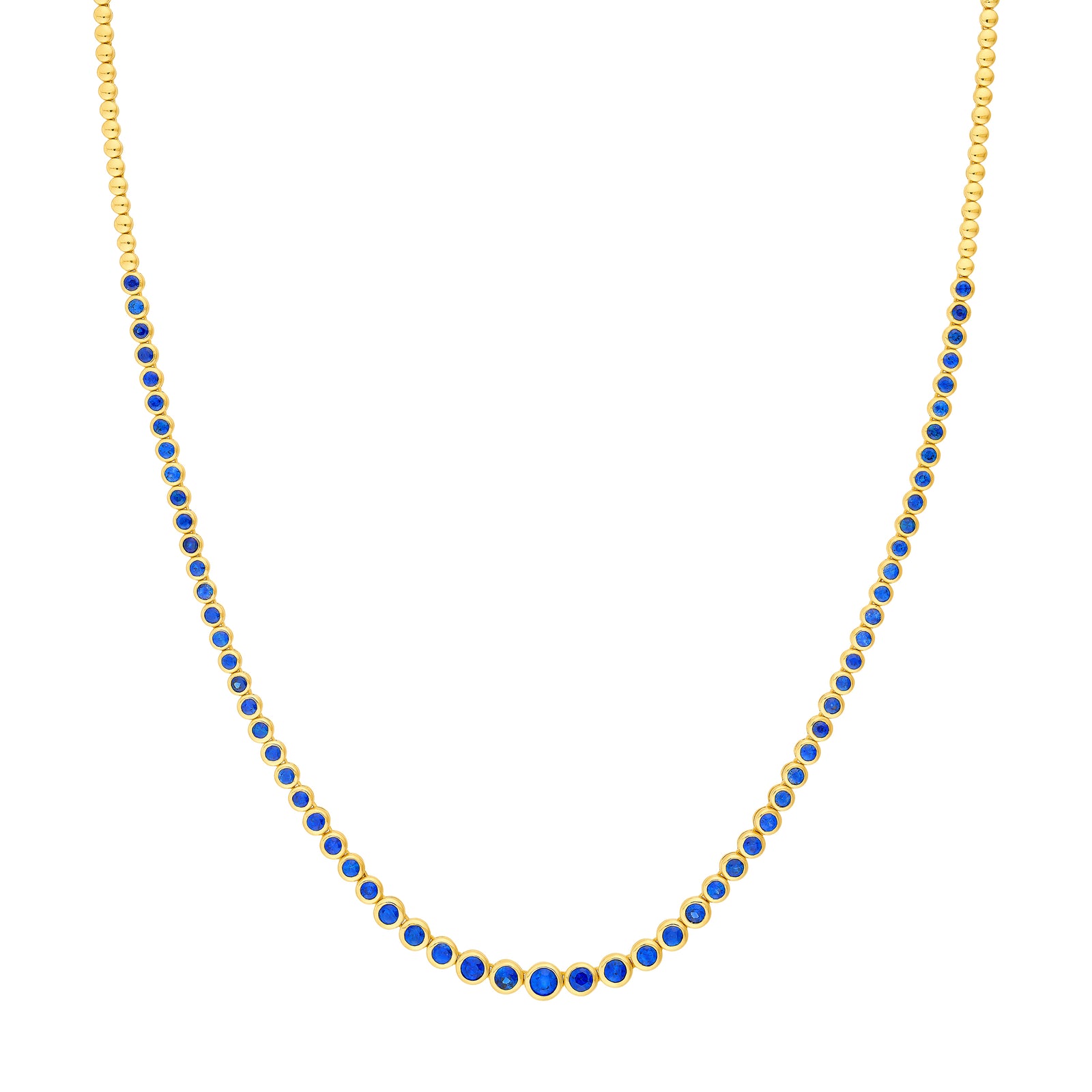 4.0tcw Blue Sapphire Bezel Graduated Half Tennis Necklace