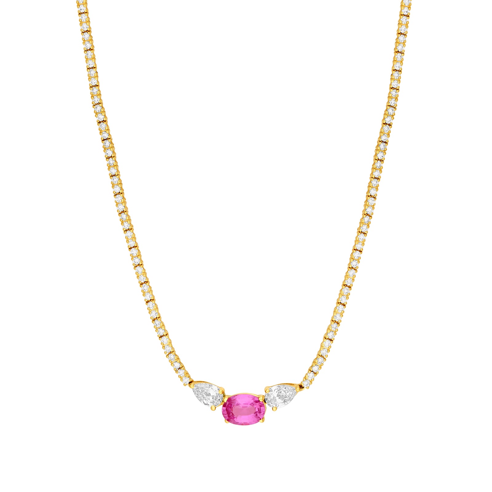 Oval Pink Sapphire and Pear Diamond Tennis Necklace