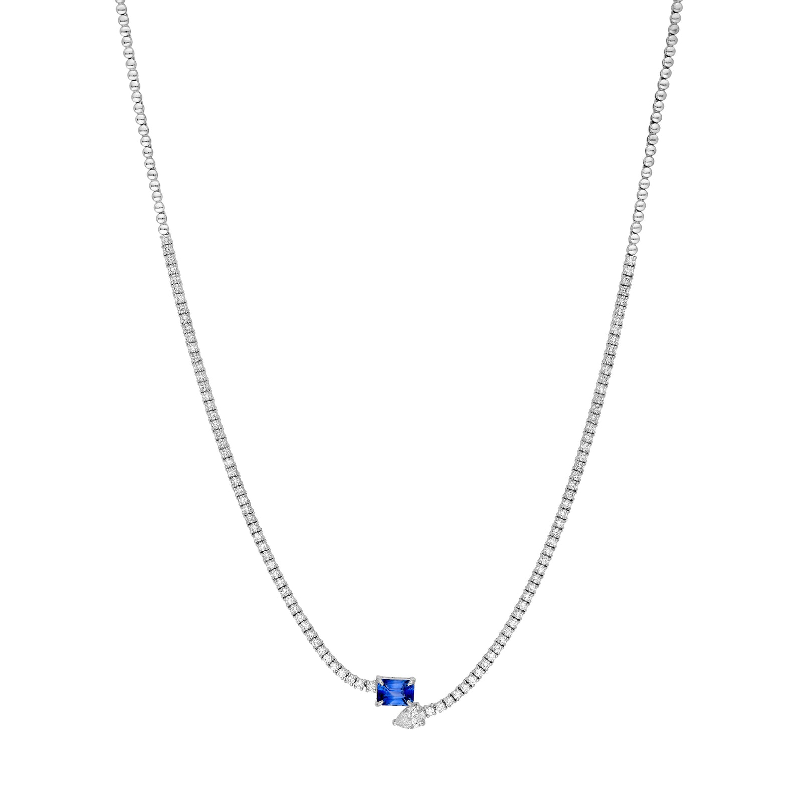 Blue Sapphire and Pear Diamond Tennis Necklace