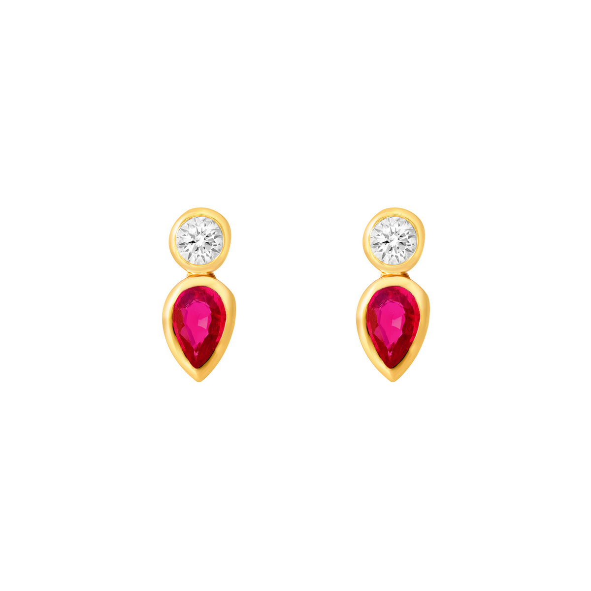 1/4tcw Pear Shape Ruby & 1/10tcw Round Diamond Bezel Earring