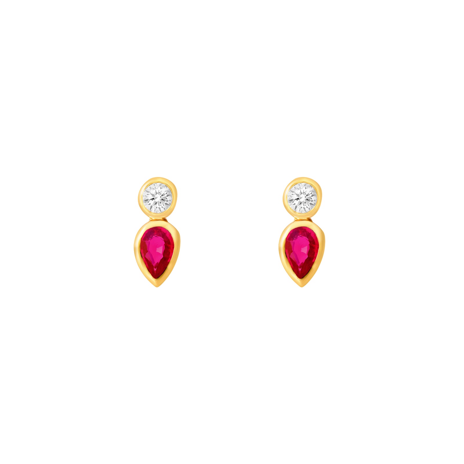 3/8tcw Pear Shape Ruby & Round Diamond Bezel Set Earrings