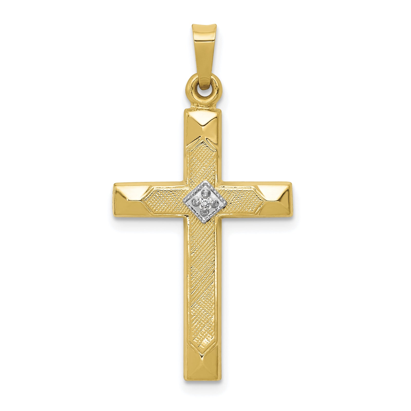 14k Textured and Polished Diamond Cross Pendant
