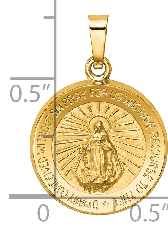 14k Polished and Satin Miraculous Medal Hollow Pendant