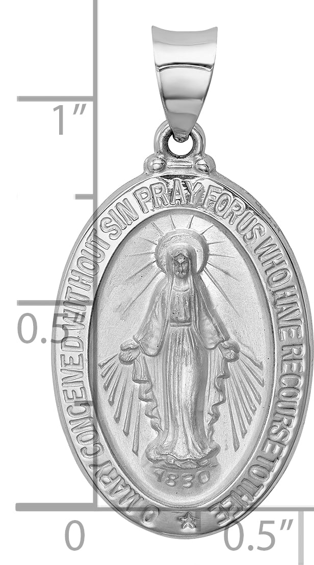 14k White Gold Polished/Satin Miraculous Medal Hollow Pendant