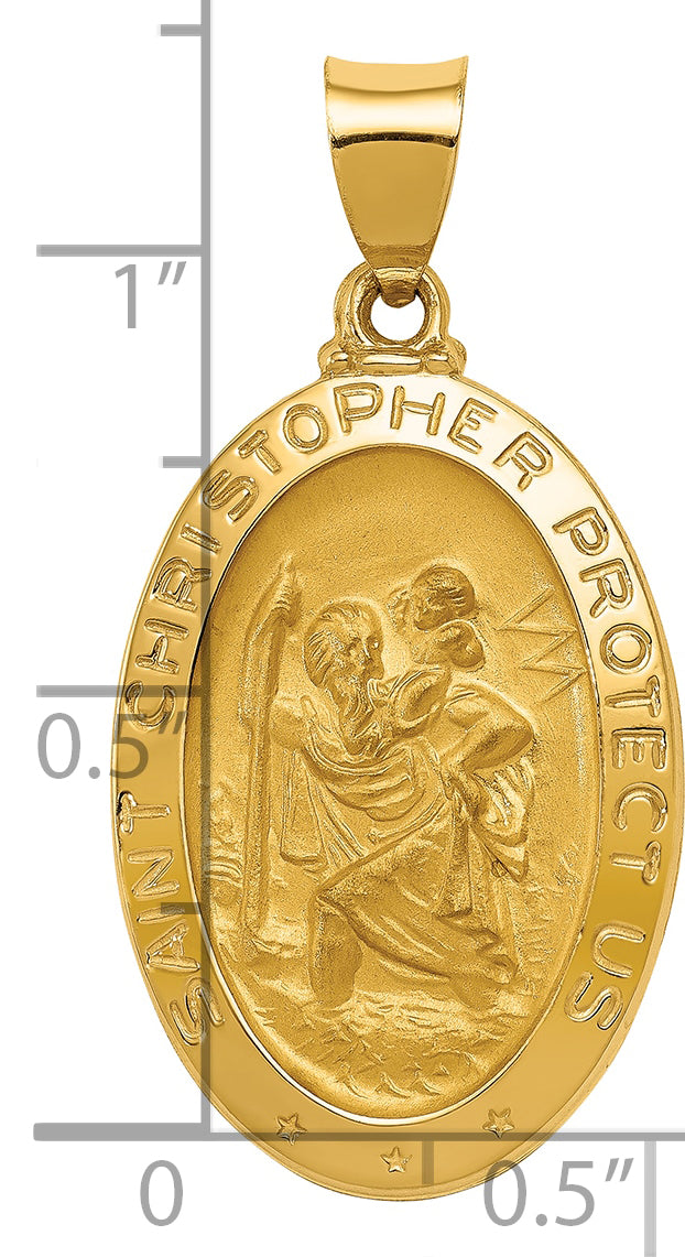 14k Polished and Satin St Christopher Medal Hollow Pendant