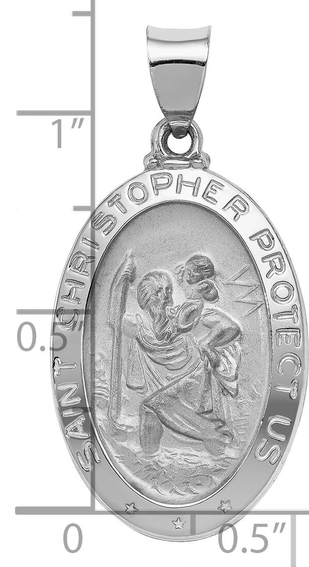 14k White Gold Polished/Satin St Christopher Medal Hollow Pendant