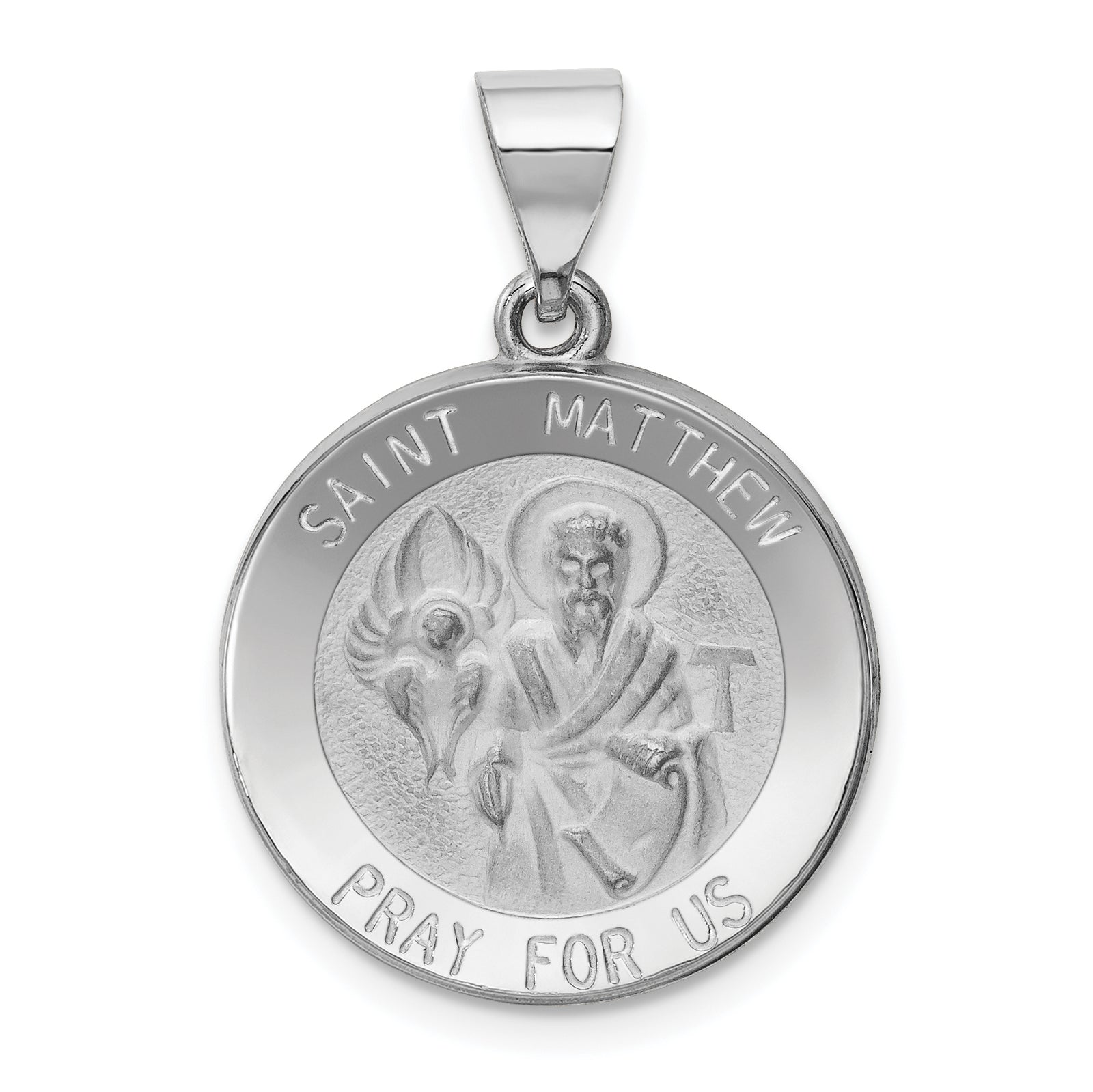 14k White Gold Polished and Satin St Matthew Hollow Pendant