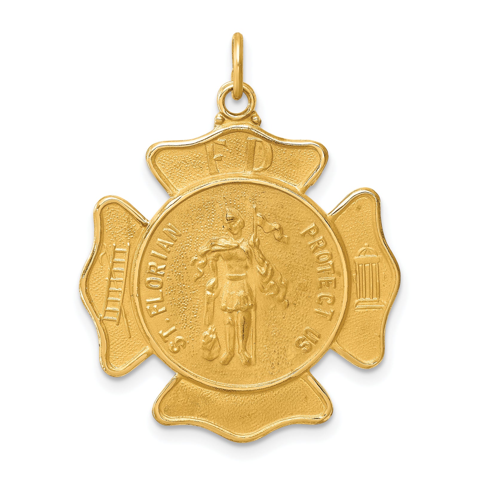 14k Polished and Satin Large Solid St. Florian Fire Dept. Badge Medal Pendant
