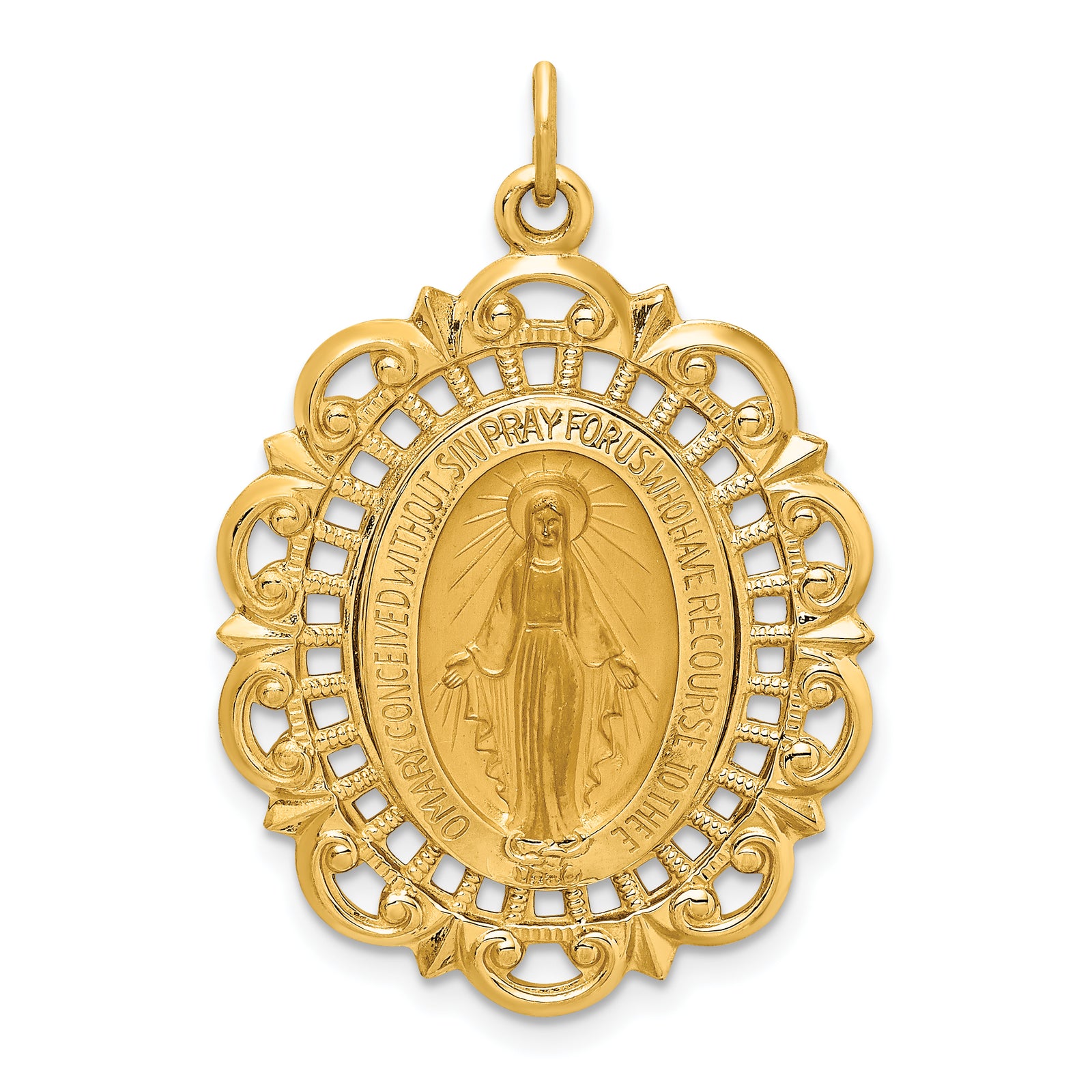 14k Polished and Satin Solid Large Miraculous Medal Scalloped Edge Oval Pendant