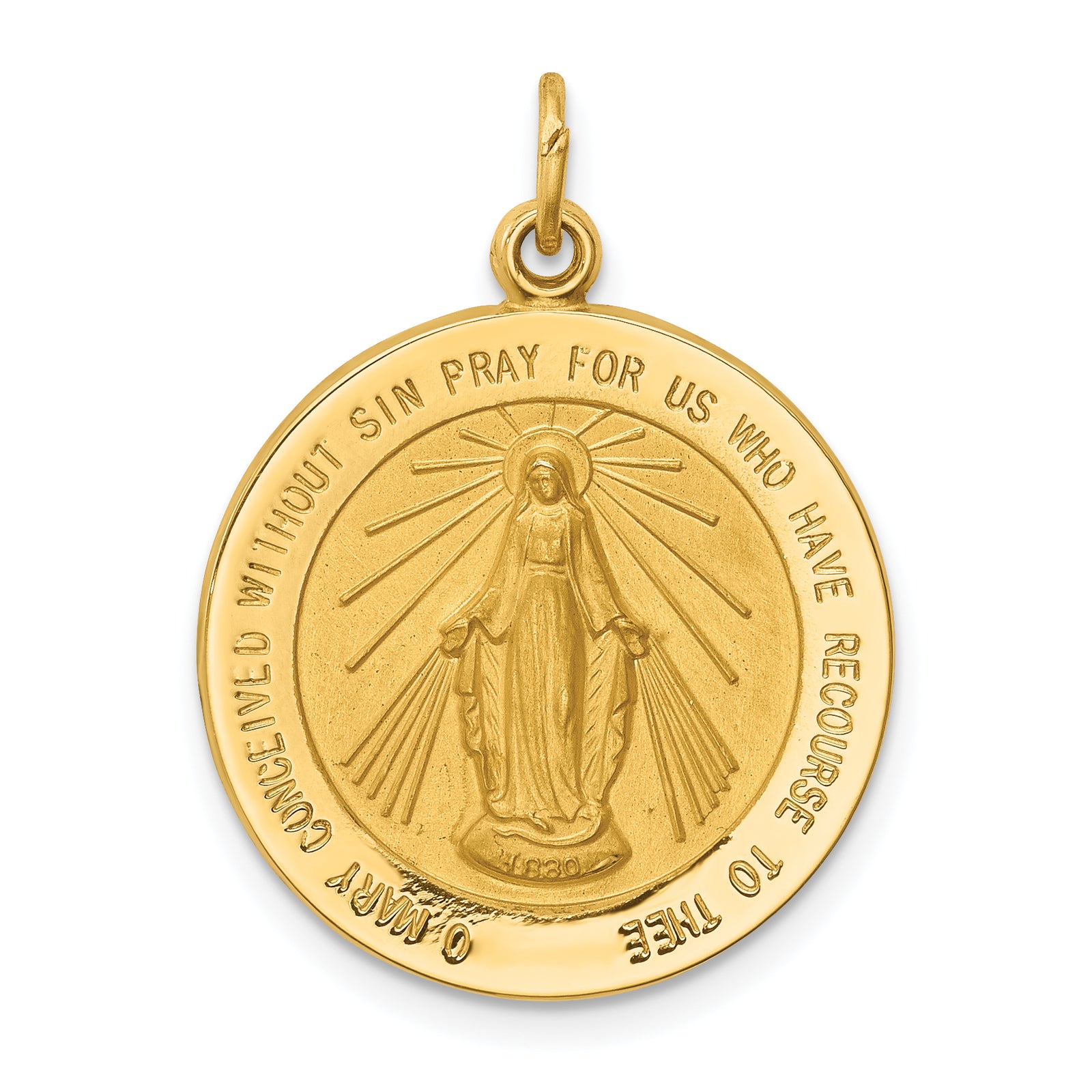 14k Polished and Satin Solid Medium Miraculous Medal Round Pendant