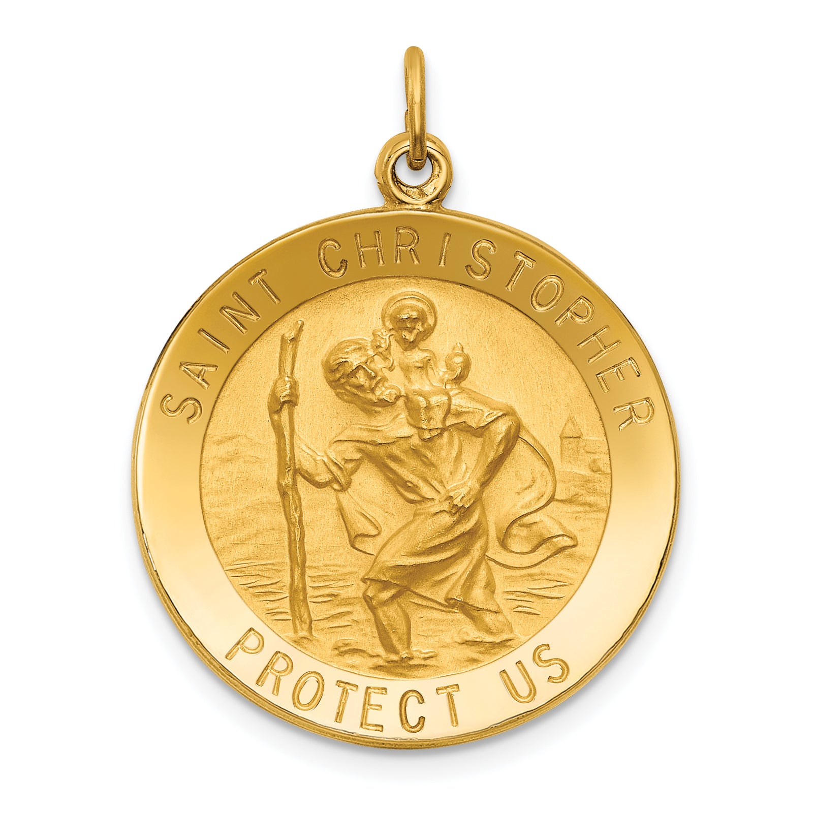 14k Polished and Satin Medium Solid  Round St. Christopher Medal Pendant