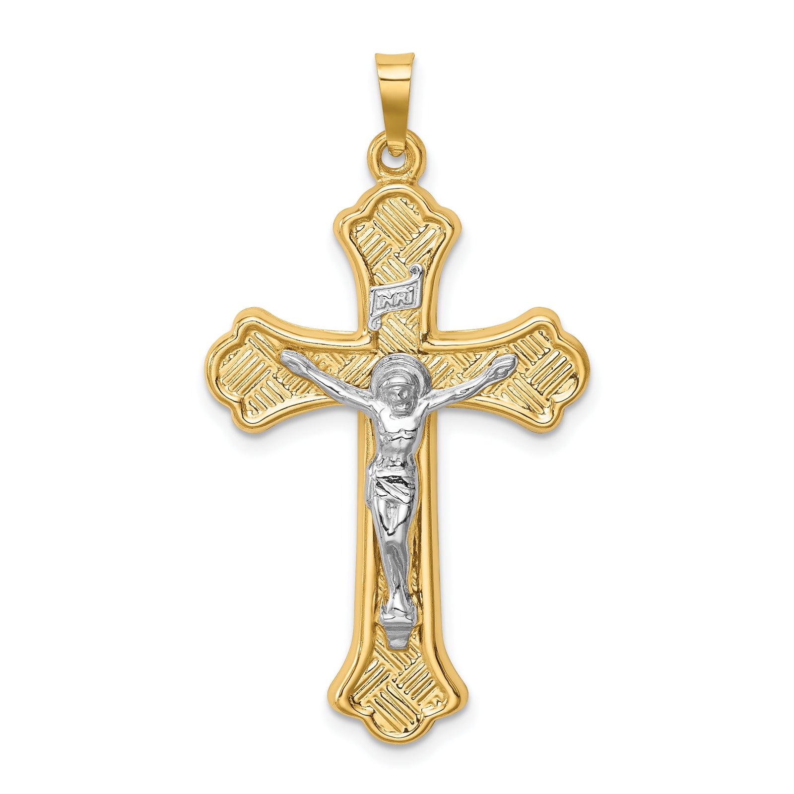 14k Two-tone Hollow Polished Woven Fleur de Lis Crucifix