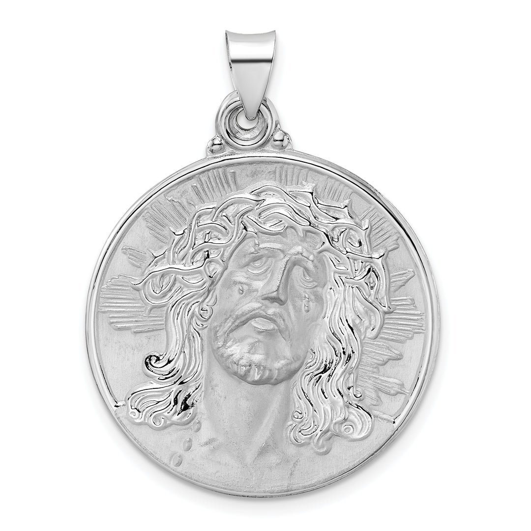 14k White Gold Polished and Satin Hollow Jesus Face Disc Pendant