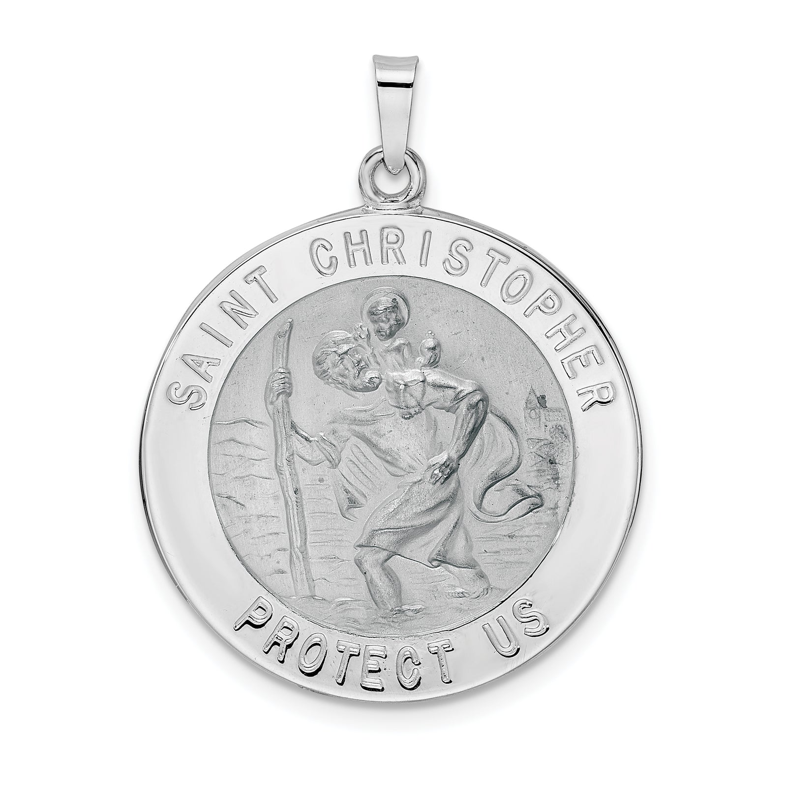 14k White Gold Polished and Satin Solid Saint Christopher Medal Round Pendant
