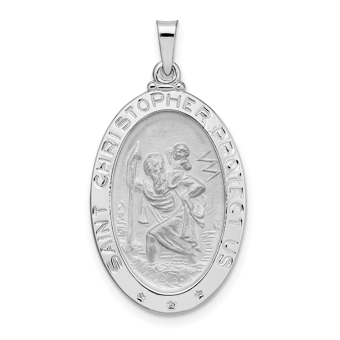 14k White Gold Polished and Satin Solid Saint Christopher Medal Oval Pendant