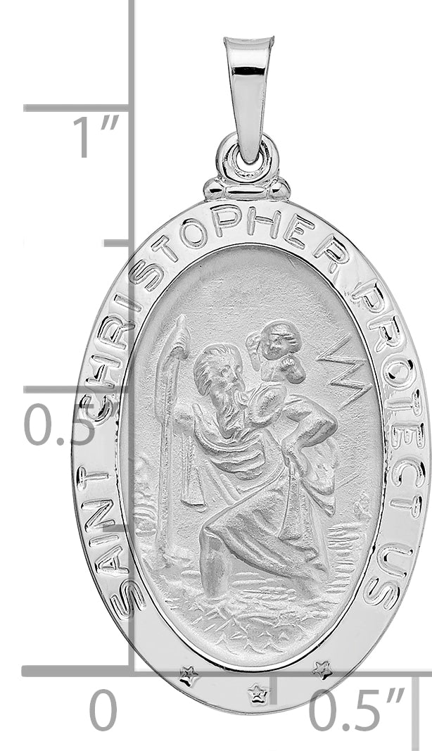 14k White Gold Polished and Satin Solid Saint Christopher Medal Oval Pendant