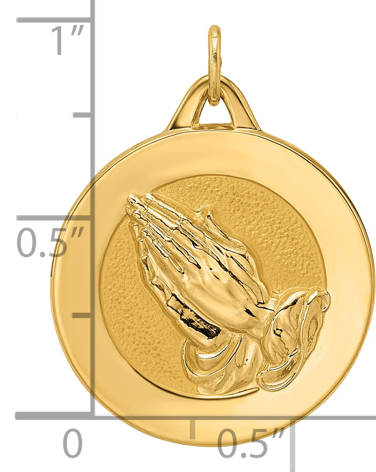 14k Polished and Satin Solid Praying Hands Disc Pendant