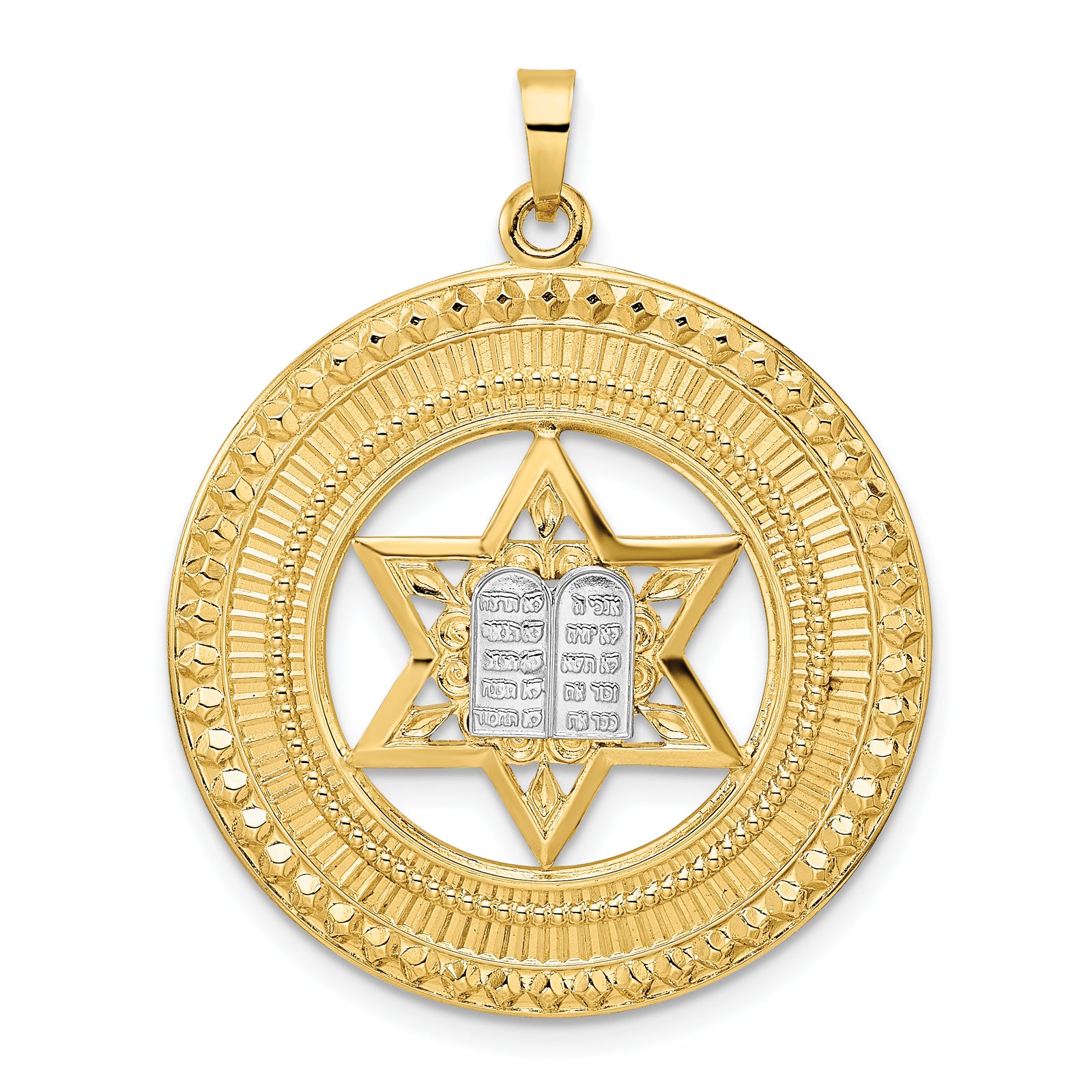 14k Two-tone Solid Star of David and Torah Inside Round Frame Pendant