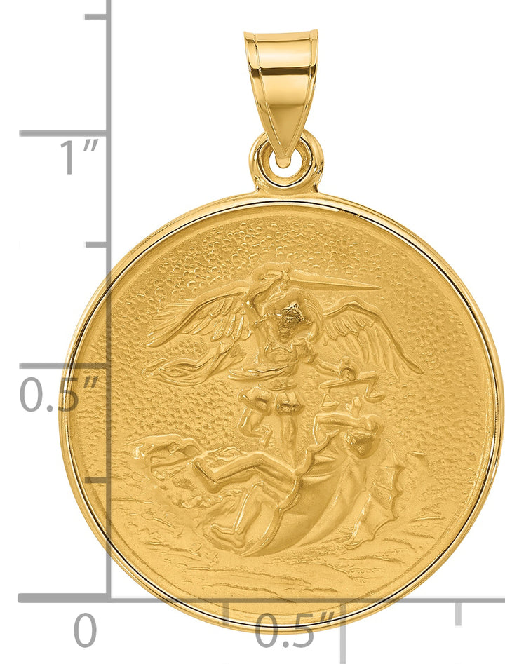 14k Polished and Satin Solid Large St. Michael Medal Round Pendant