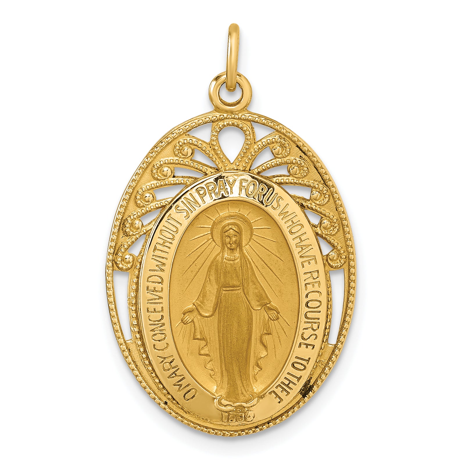 14k Polished and Satin Semi-solid Miraculous Medal in Frame Oval Pendant