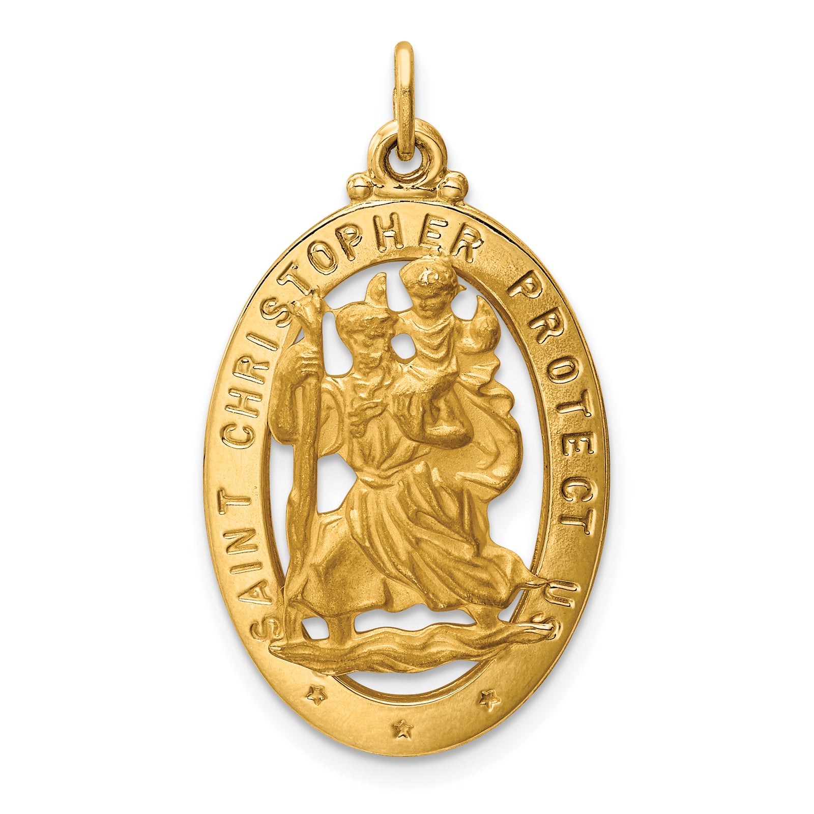 14k Polished and Satin Solid Cut-out Saint Christopher Medal Oval Pendant